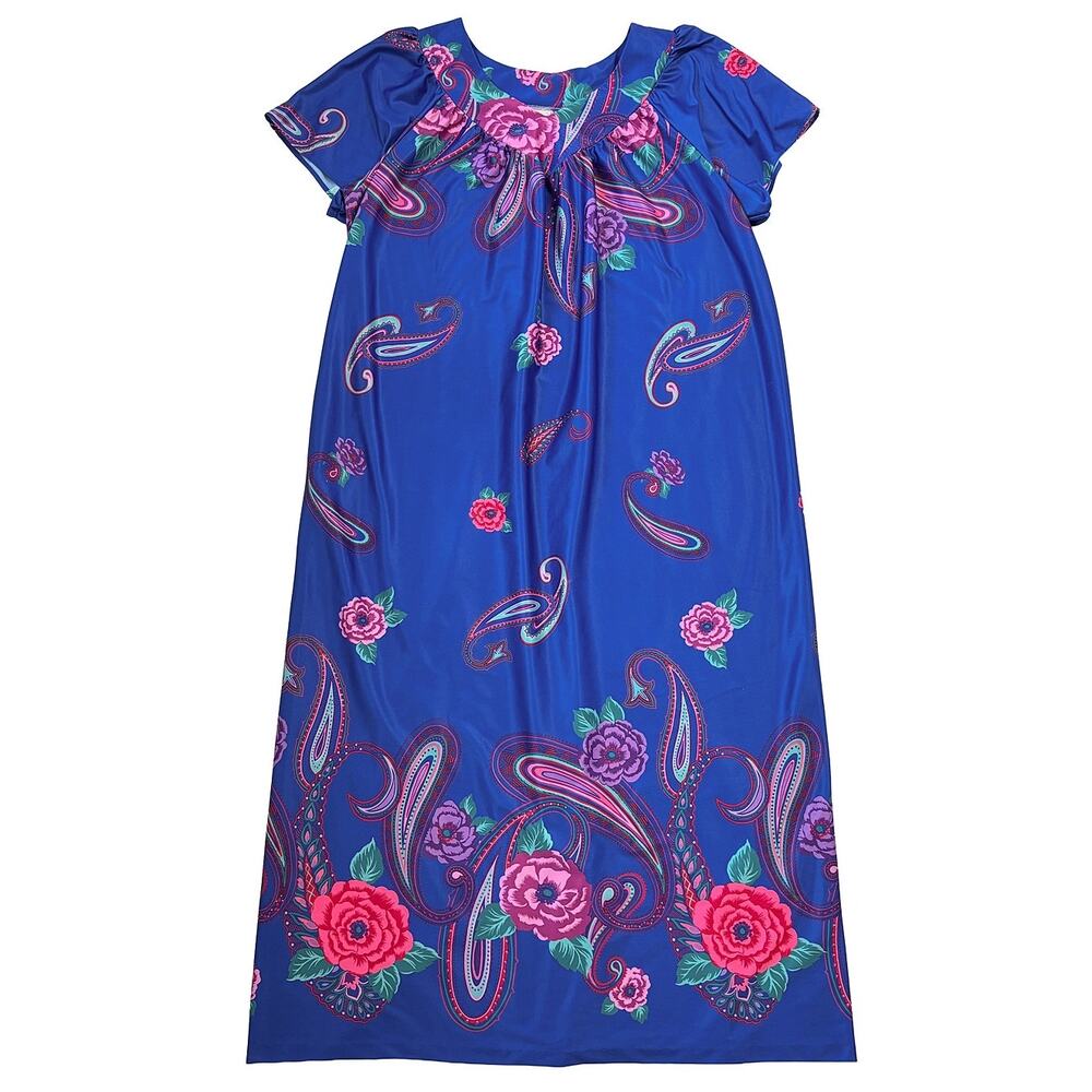 VTG Granada House Dress Womens L Muumuu Caftan Blue Pink Floral Maxi Made USA